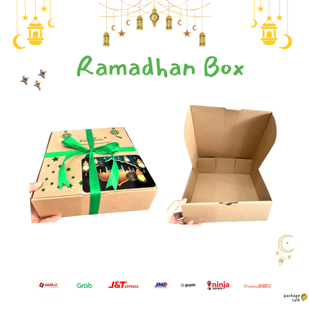 

Packagetalk - Box Hampers Ramadan Kardus packaging Kotak hampers kado box kardus hampers box Corrugated Box Kotak kardus warna coklat dengan design ramadan model lock atas ukuran 25x25x8 + pita dan kartu ucapan