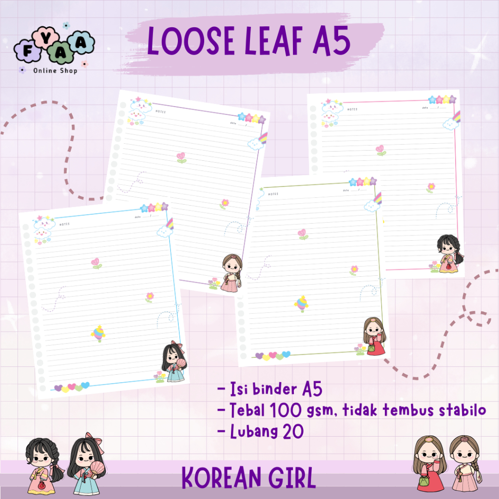 

KERTAS LOOSE LEAF ISI BINDER REFILL NOTEBOOK A5 KARAKTER KOREAN GIRL - 100 GSM