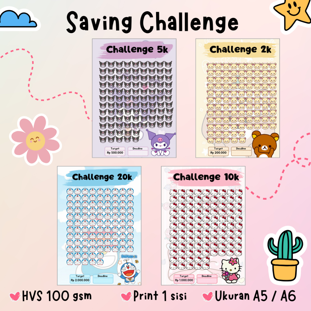 

SAVING CHALLENGE LOOSE LEAF BINDER KARAKTER KUROMI RILAKKUMA DORAEMON HELLO KITTY