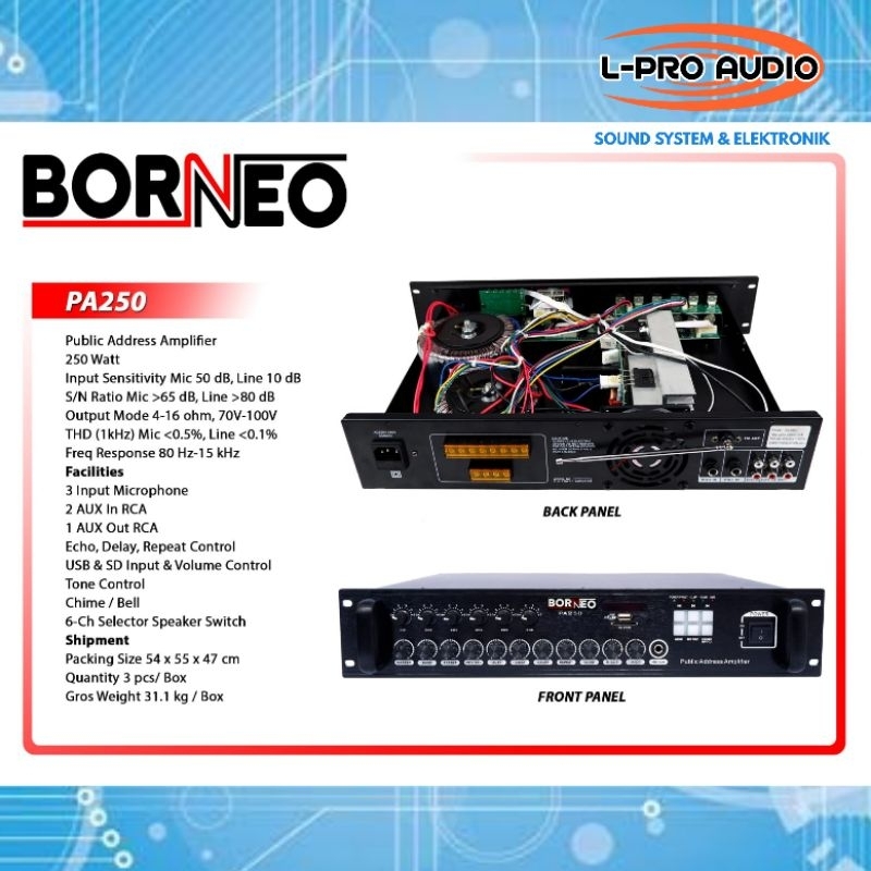 Power amplifier PA 250 watt BORNEO ampli untuk toa pengumuman