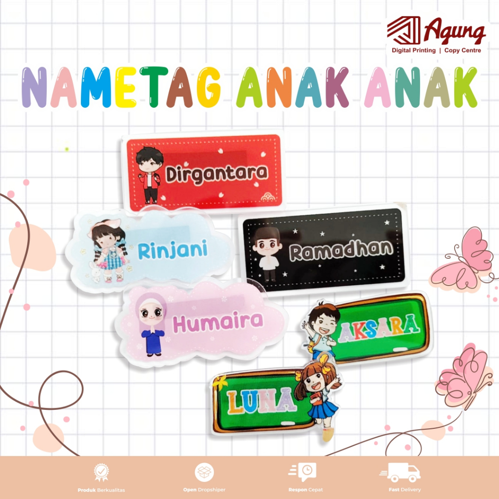 Name tag Pin Akrilik Custom (Peniti Akrilik Papan Nama) - untuk anak anak sekolah / Name tag papan n