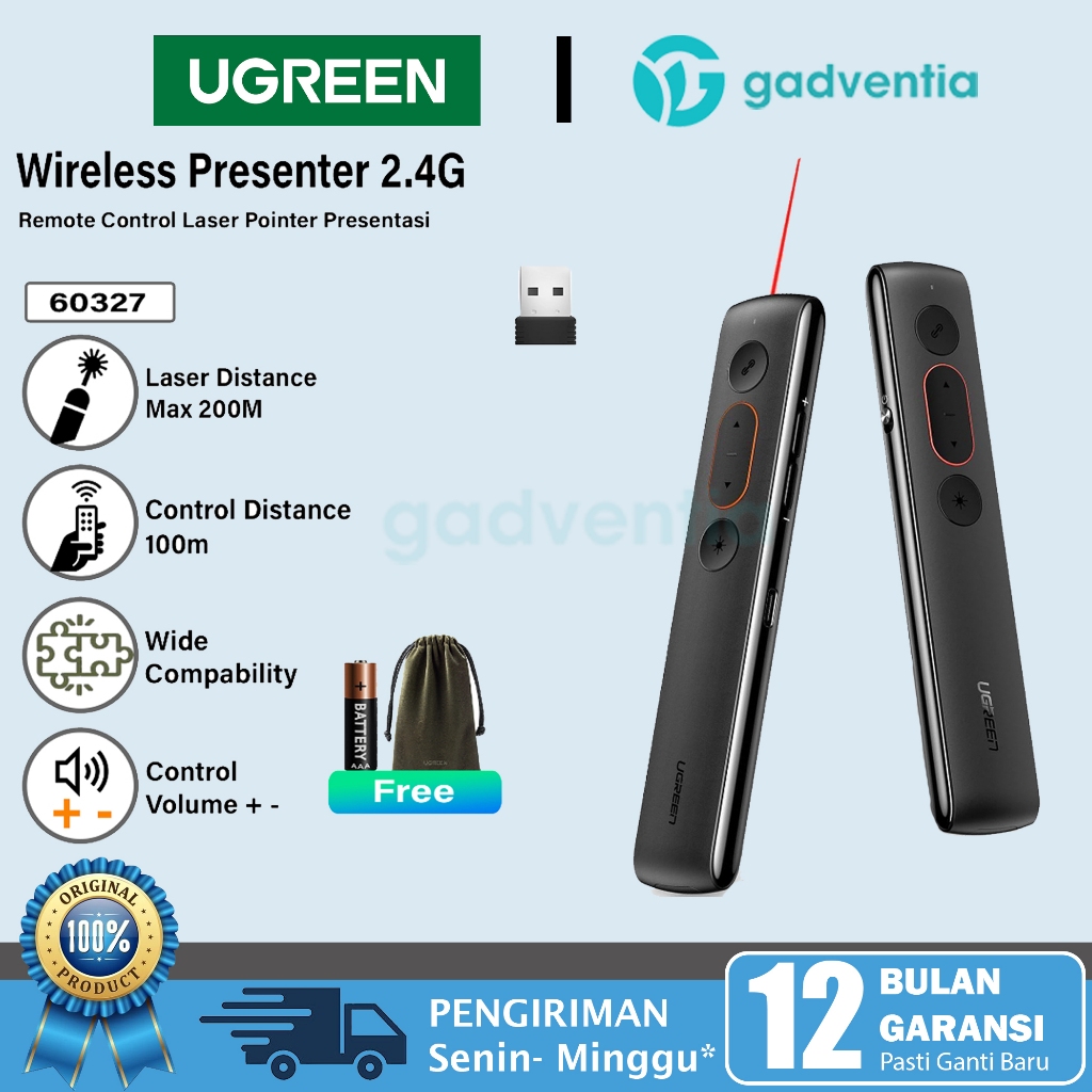 UGREEN Wireless Orange Dot Pointer USB Laser Merah Presentasi Power Point Kerja Kantor Komputer Lapt