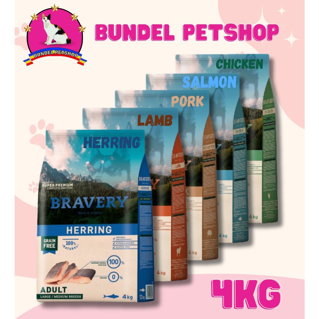 BRAVERY MEDIUM LARGE ADULT 4Kg - Dog Food Makanan Anjing Rasa Chicken Salmon Kering / Dry Dewasa Dog
