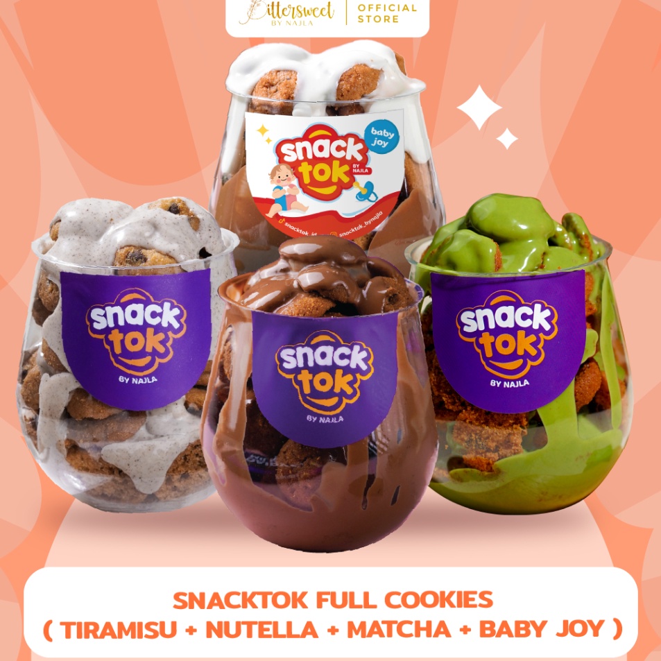 

Promo Sale Bittersweet by Najla Bundling 4 Snacktok Full Cookies Nutella Matcha Tiramisu Baby Joy