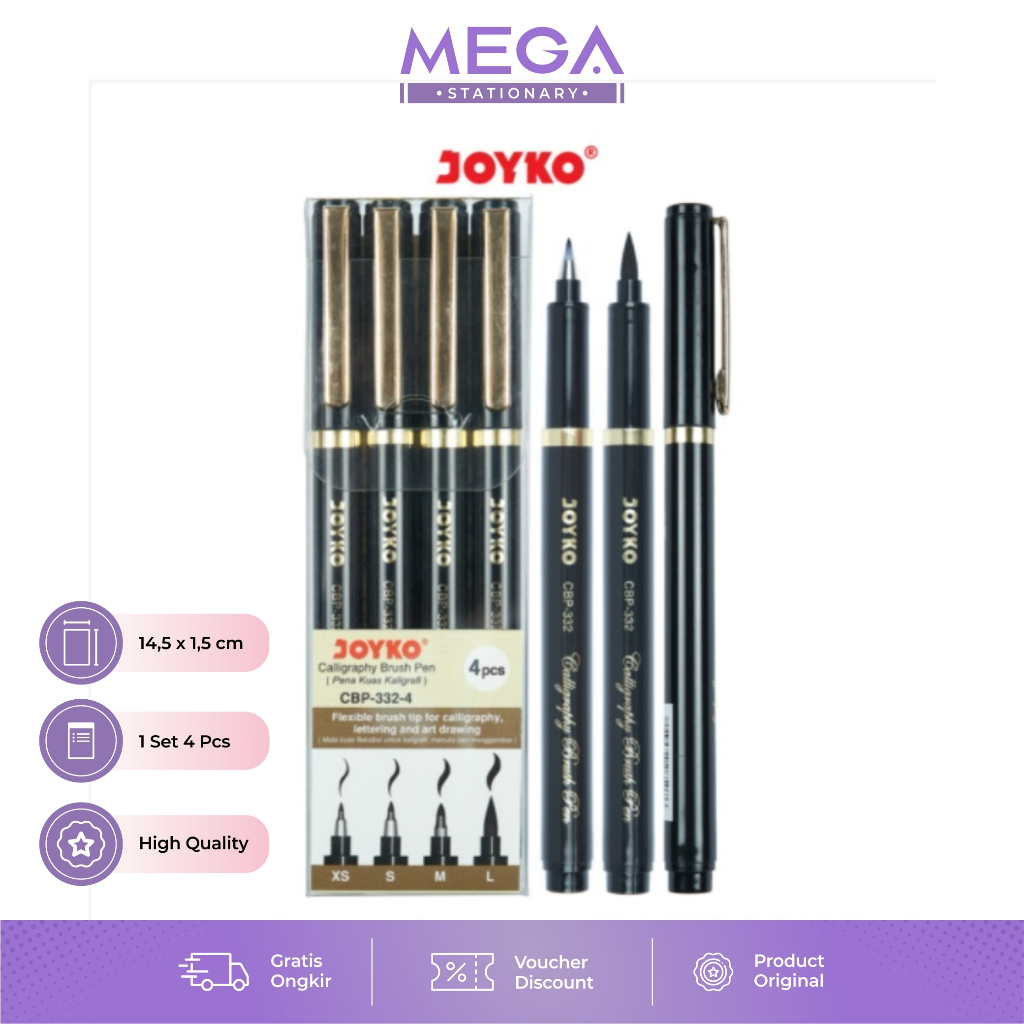 

Calligraphy Brush Pen Pena Kuas Kaligrafi Joyko CBP-332-4 1 Set 4 Pcs