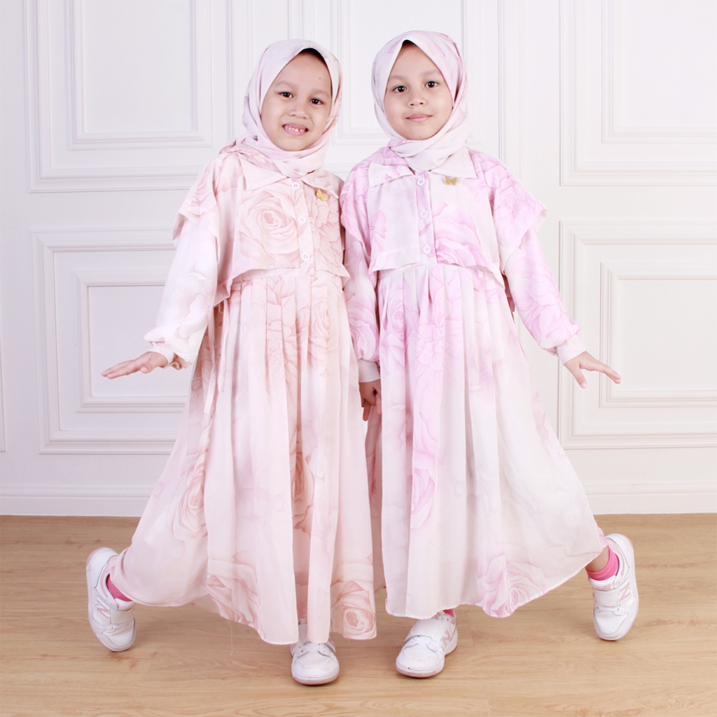 Dungdungkids Gamis Anak Novia Ceruty Motif Bunga Rompi Free Jilbab Segi Empat 3 - 12 Tahun