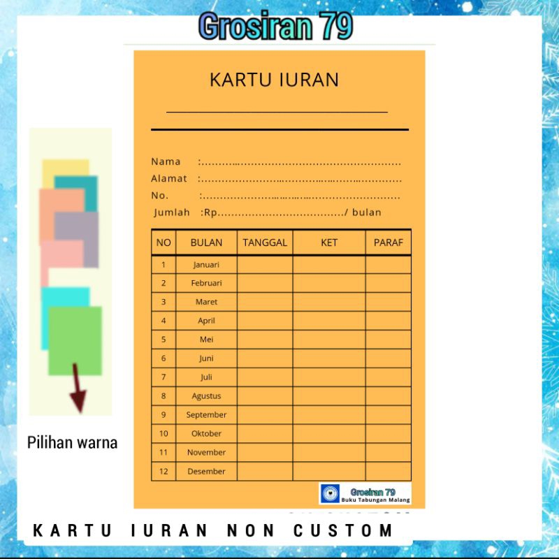 

KARTU PEMBAYARAN IURAN KAS NON CUSTOM 1 PAK ISI 100 Ukuran 10,5 cm x 16,5 cm
