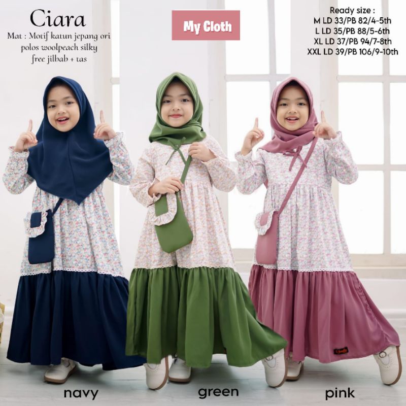 CIARA DRESS KATUN JEPANG MIX WOOLPEACH SILKY FREE TAS DAN HIJAB BAJU ANAK GAMIS ANAK DRESS ANAK BY M