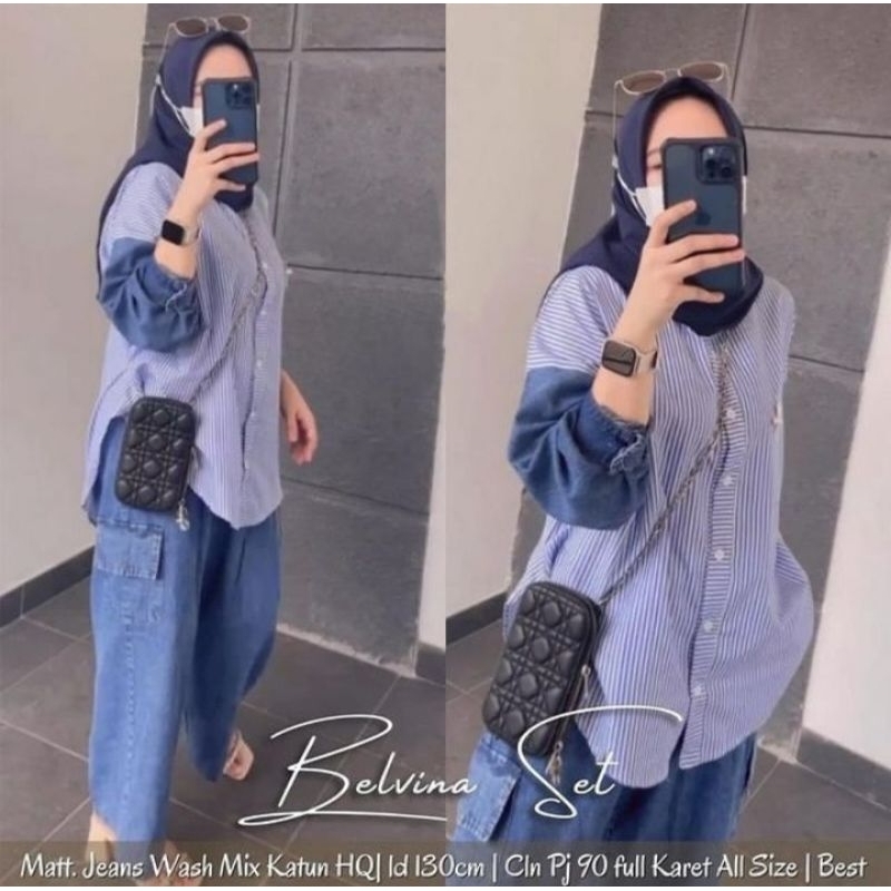 Setelan Wanita One Set Jumbo Terlaris Beliana Set Bahan Atasan Katun Mix Celana Cargo Jeans Oversize