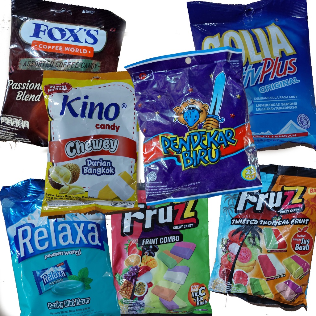 

Permen Jahe/Pendekar Biru/Relaxa/Kino Durian/Mentos Golia/Fruzz/Fox's Coffee