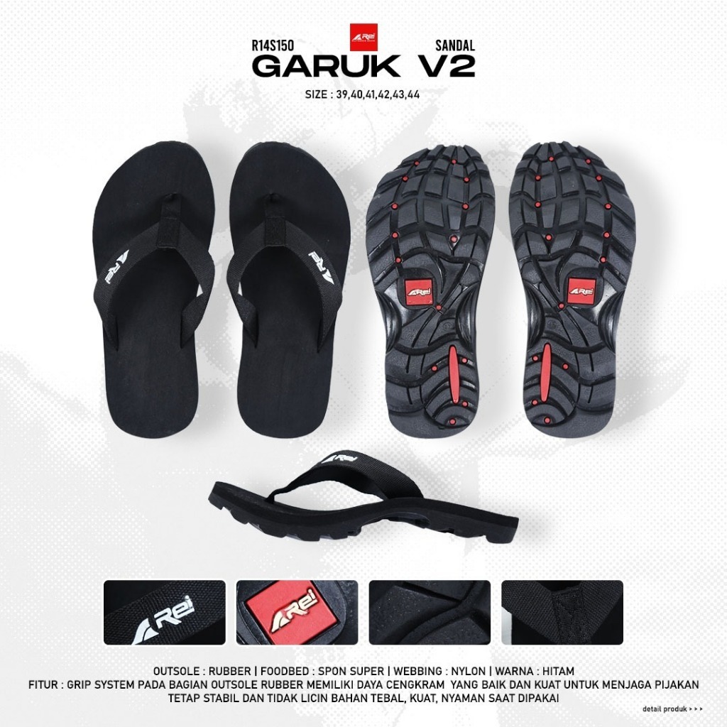 Sandal Jepit Gunung Pria GARUK AREI OUTDOORGEAR - Sandal Tali Gunung Pria REI GARUK HITAM POLOS