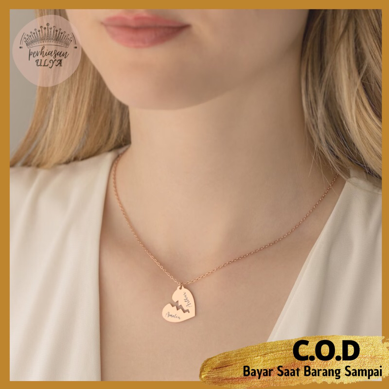 PERHIASAN AKSESORIS KALUNG LIONTIN LOVE RETAK 2 NAMA COUPLE TITANIUM LAPIS EMAS ASLI WANITA ANAK DEW