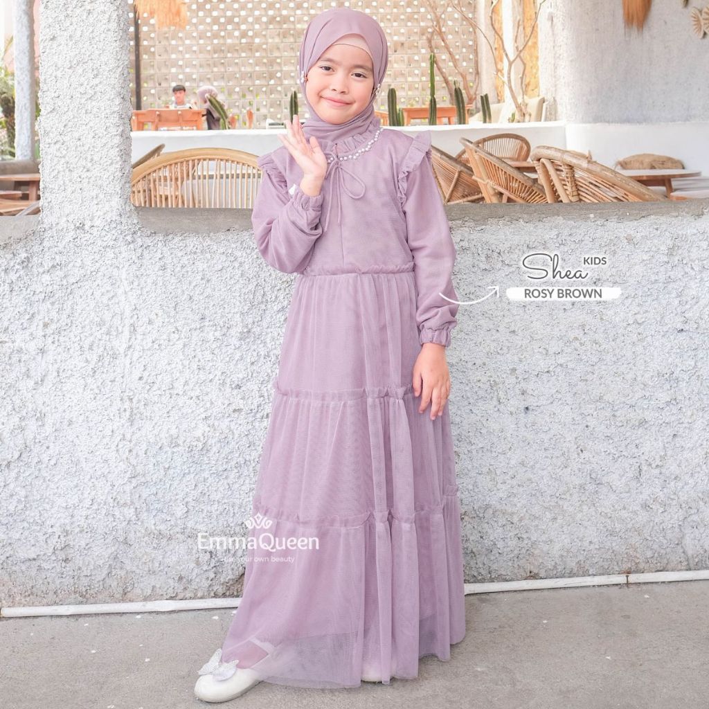 EmmaQueen - Dress Shea Kids gamis Anak Katun Tile Kombinasi Brukat Wudhu Friendly Karet Pinggang