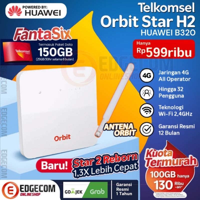 Telkomsel ORBIT STAR H2 Router Modem HUAWEI B320 4G LTE Free 150GB + Free Antena