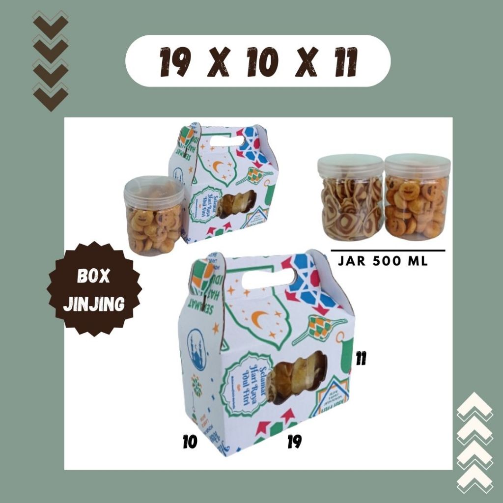 

Box 19x10x11 Jinjing (KUKER TOPLES JAR 500ml ISI 2) Kardus Idul Fitri Lebaran Hampers