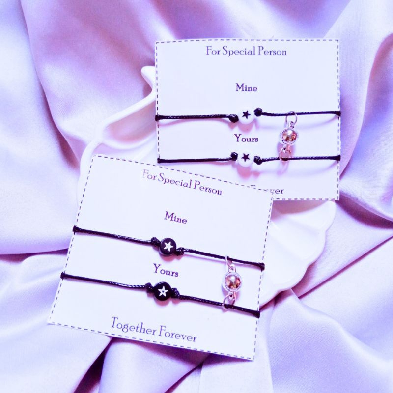 ( diolyn.id ) Gelang BINTANG bulat pipih Hitam Putih tali SERUT | Gelang couple persahabatan | Korea