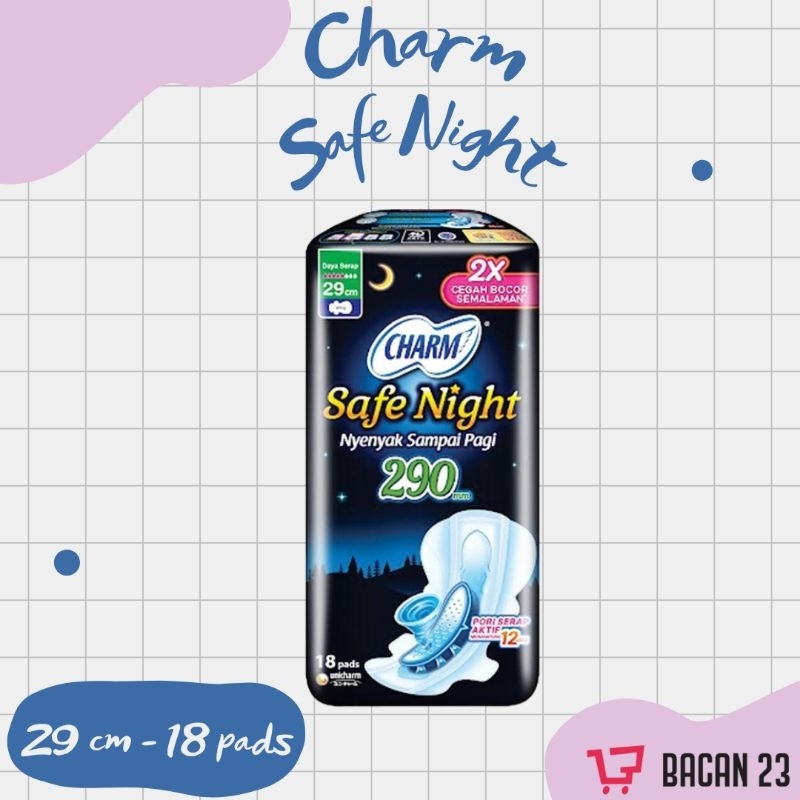 Charm Safe Night Wings ( 29cm - 18Pads ) / Pembalut Malam Sayap - Softex / Bacan 23 - Bacan23