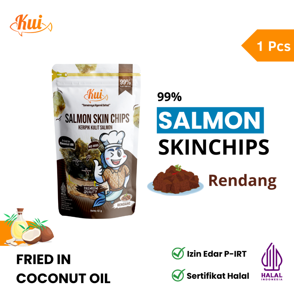 

KUI Salmon Skin Non Msg & Pengawet / Cemilan Sehat Keripik Kulit Ikan Salmon Tanpa Tepung / Rendang