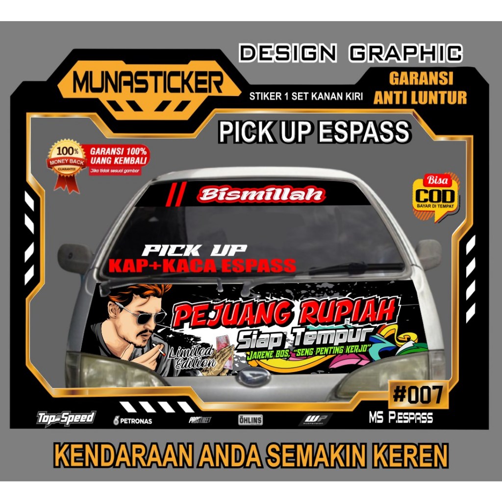 STICKER PRINT VARIASI KAP+KACA DEPAN PINTU BELAKANG MOBIL PICK UP ESPASS NEW CARRY KEREN