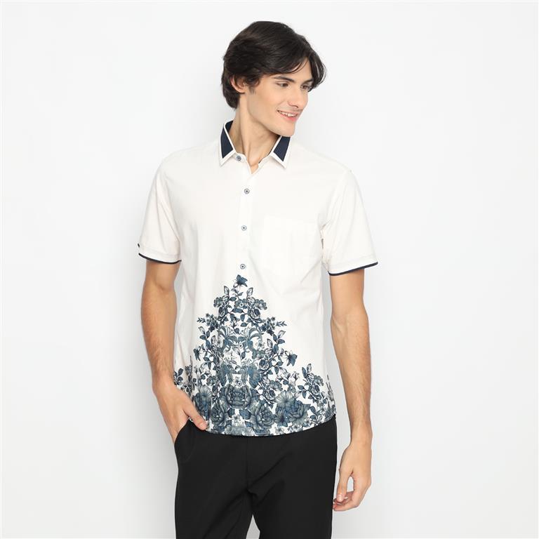 LUIGI RICCIO Kemeja Batik Pria Lengan Pendek Casual Kerja Kantoran Sampai 5XL White Series