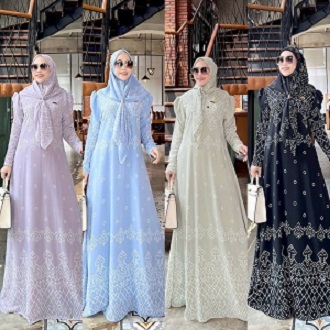 Gamis Set Hijab Terbaru 2024 Kekinian Baju Wanita Muslim Lebaran Model Baru Import Viral Ceruti Armani Maxmara Silk Plisket Premium Mewah Outfit Gradasi 2Warna Modern Simple Elegan Agnia