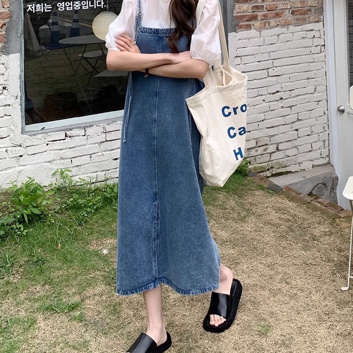 Terlaku Overall dress jeans wanita overall rok jeans panjang wanita rok korean style jumpsuit rok su