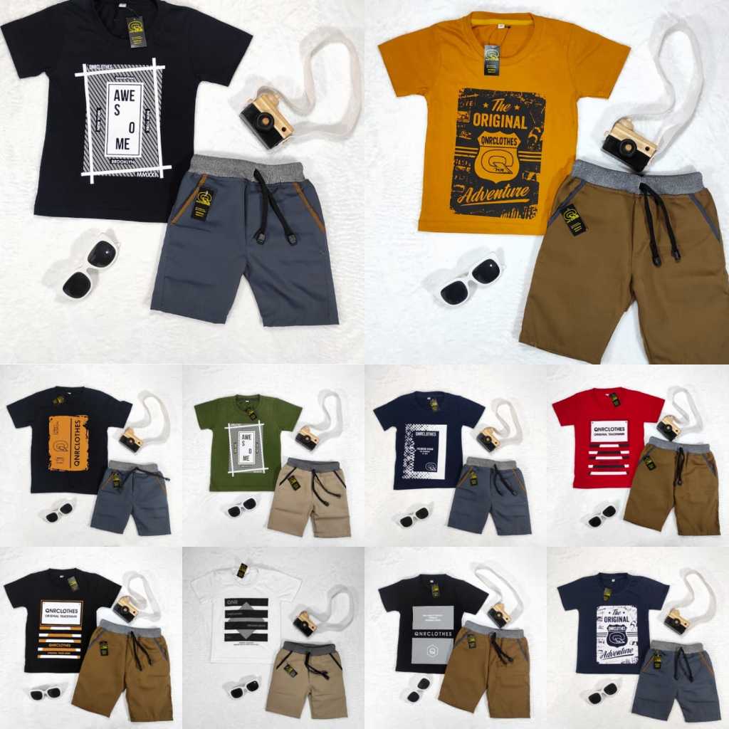 QNR Setelan Anak 1-12Thn  LV4 KCR Kaos Distro QnR  dan  Celana Chinos Pendek / Stelan Anak Baju Cela