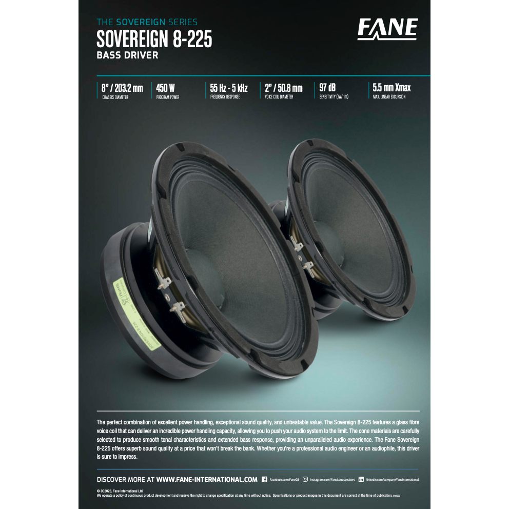 Komponen Speaker FANE 8-225 8 Inch 450W Original Resmi