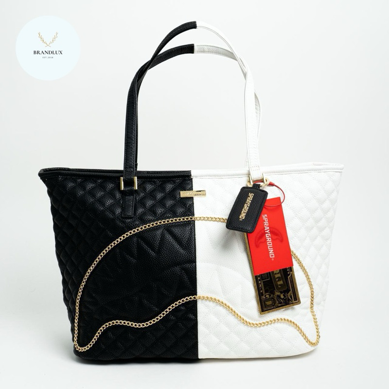 Sprayground Split Quilted Shark Tote Bag Black White