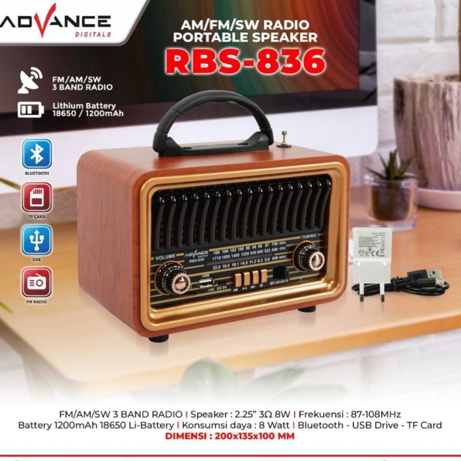 ADVANCE SPEAKER PORTABLE RADIO KLASIK BLUETOOTH FM/AM/SW RBS-836 - GARANSI RESMI