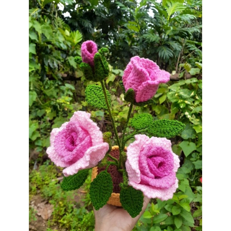 Bunga Mawar Rajut | Bunga Hias | Pot Bunga Rajut |
