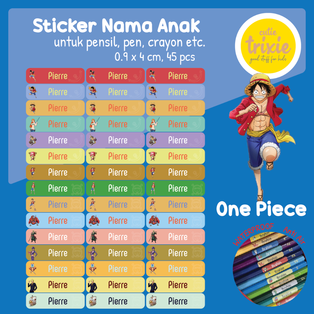 

Sticker label nama anak untuk pensil pen crayon One Piece