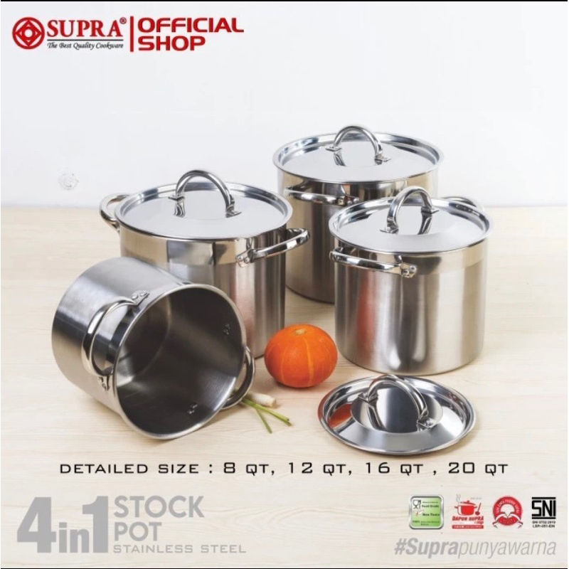 SUPRA 4 iN 1 Stainless Stock Pot Set 4 Pcs Panci Tinggi Stainless 8-12-16-20 QT