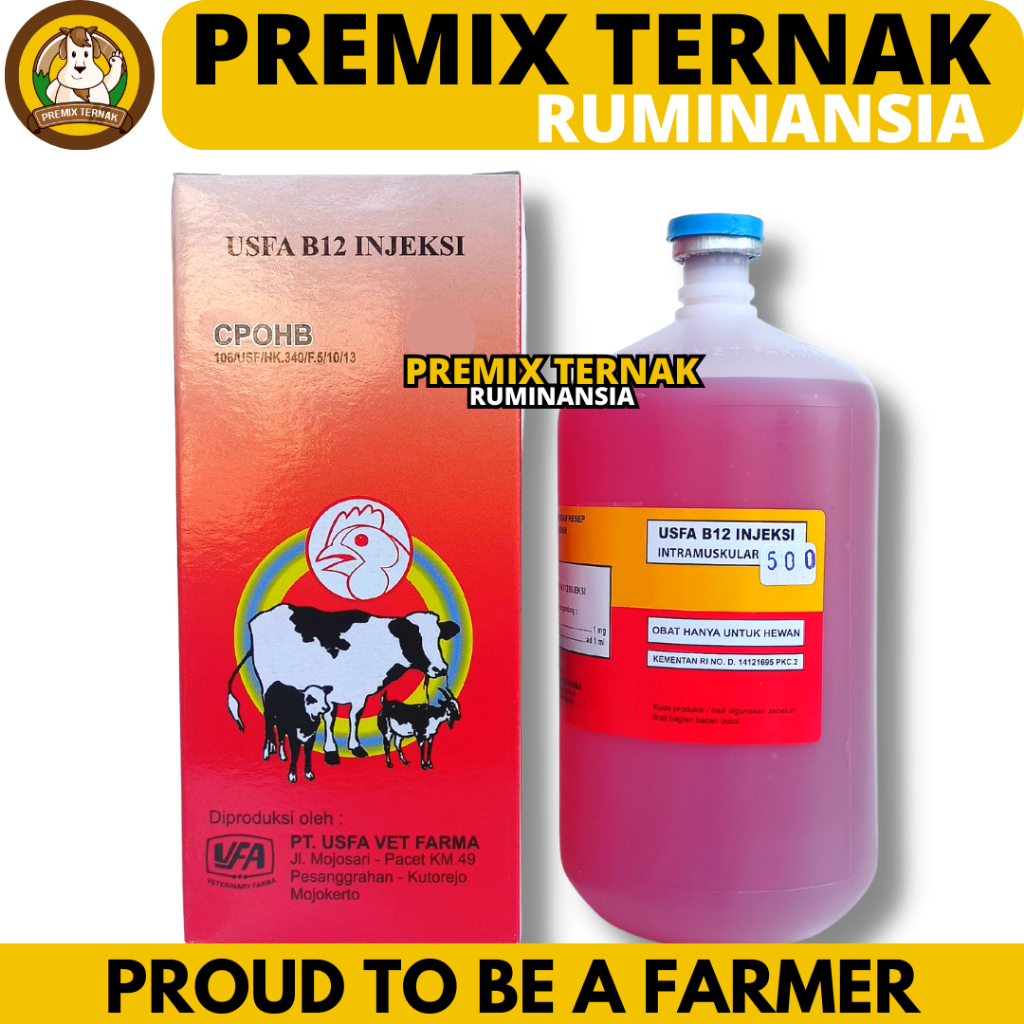 VITAMIN B12 500 ML USFA - Vitamin b12 Injeksi untuk hewan Sapi kambing Domba Babi dll
