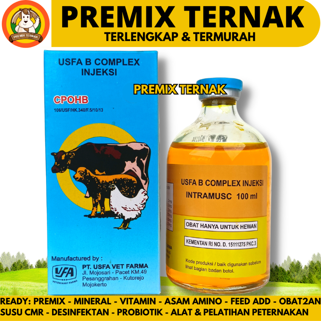 USFA B COMPLEX INJ 100ML - Vitamin B Kompleks Hewan Vitamin B Complex Ternak Sapi Kambing Domba Ayam