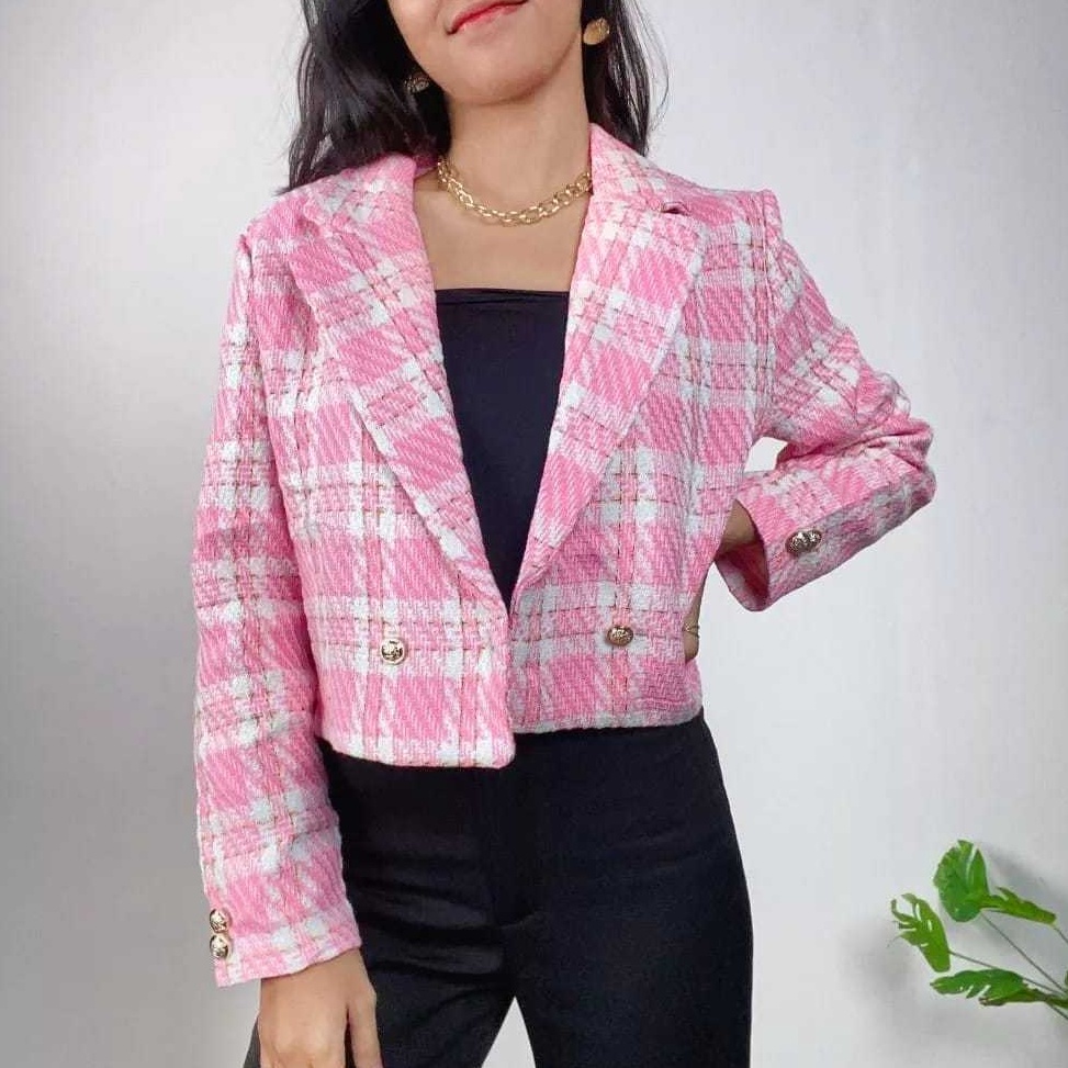 See More HERCHOICE NJ3 Baju Top Blazer Tweed Premium  Atasan Long Square Atasan Kerah Rajut Korean K
