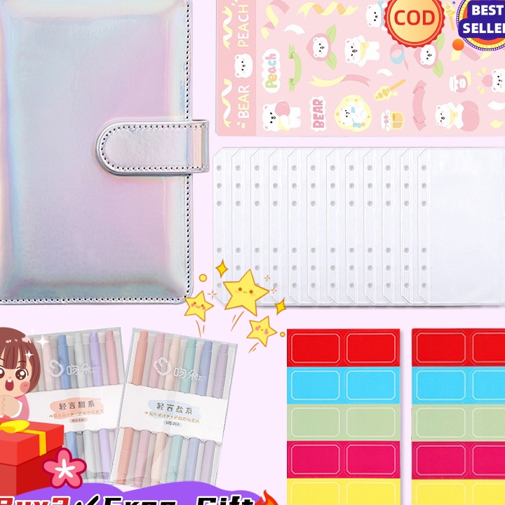 

D2289 FREEBIESA6 Laser Binder Notebook Planner Amplop Uang Kertas Penyimpanan Buku dengan 12 Pcs Ritsleting Folder Alat Tulis PU Leather 6 Rings A6 Binder Budget Cash Envelope Travel Journal Planner