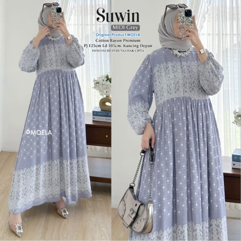 Suwin Midi By Moela - Midi Dress Rayon Premium XL Ld110 Motif Etnik Busui Kancing Best Seller