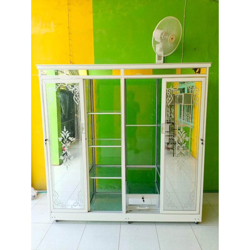 lemari baju 4 pintu jumbo kaca grafir