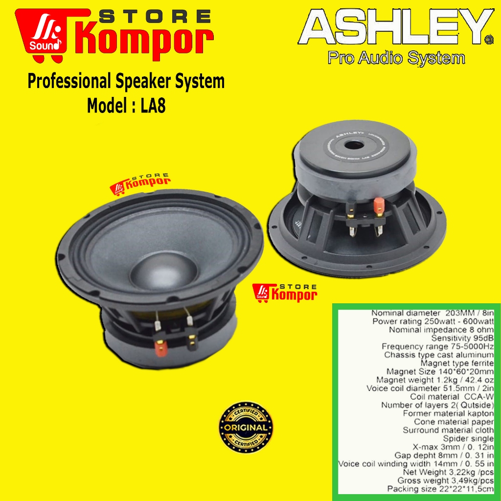 SPEAKER COMPONENT ASHLEY LA8 / LA 8 WOOFER 8 INCH LA-8