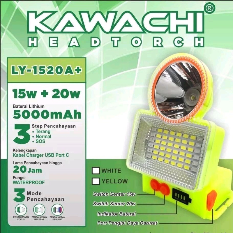 Senter Kepala Kawachi LY-1520A+ Waterproof Tahan Air SOS Kabel USB Port