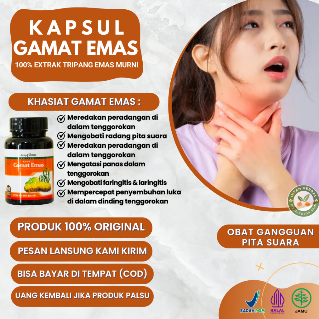 Gamat Emas Kapsul - Obat Gangguan Pita Suara, Pita Suara Bengkak, Pita Suara Hilang, Suara Serak, Gu