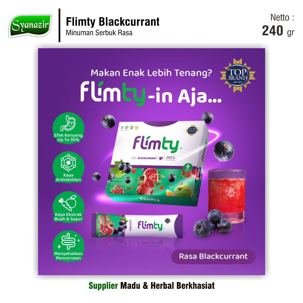 

Flimty Blackcurrant 240 gr | Isi 16 sachet @ 15 gr | Minuman Serbuk Rasa Blackcurant | Healthy, Fit & Slimty