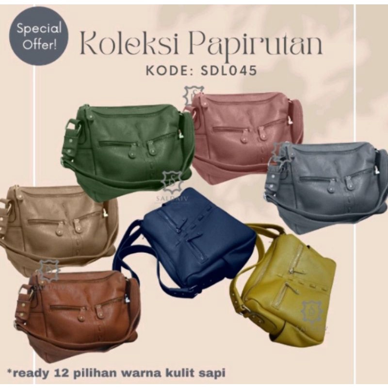 Tas Slempang Wanita Kulit Sapi Garut Motif Sulaman Tengah