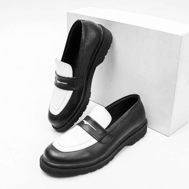 sepatu slip on dasi hitam putih kasuap pria wanita sol karet mentah