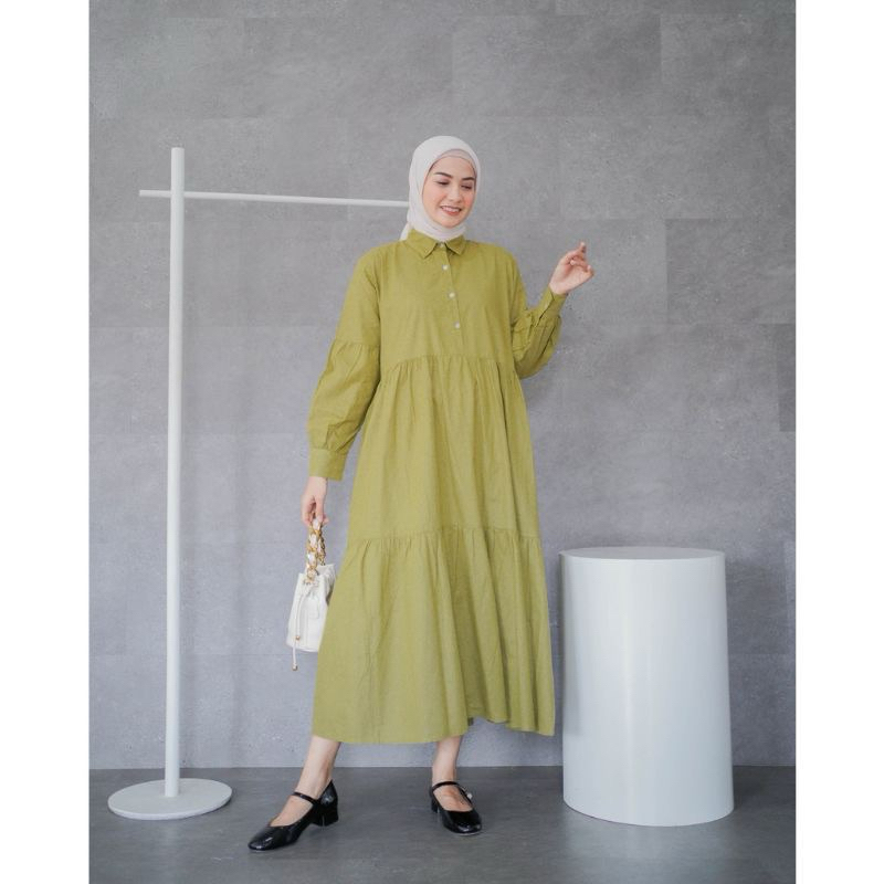 MOANA BASIC DRESS - Gamis Midi Susun Rempel Polos Busui Wanita Bahan Katun Poplin - dyn