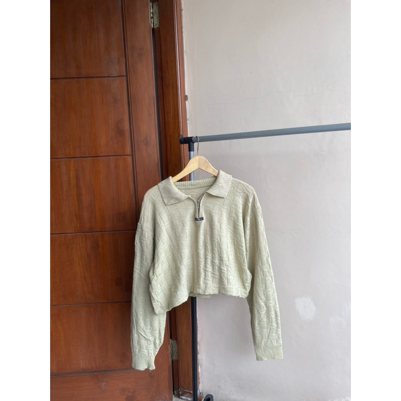 sweater halfzipper lengan balon - crop halfzipper sweater - sweater rajut kerah crop