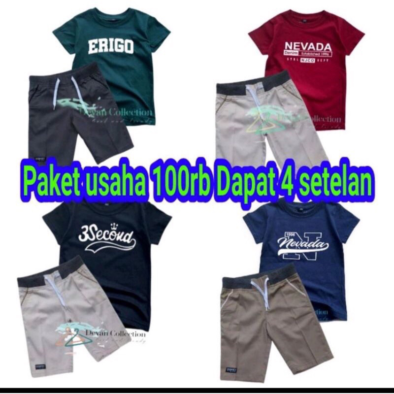 Paket Promo 100rb Dapat 4 Setelan Anak 4 Kaos + 4 Celana Chinos Pendek Polos / Stelan Anak Murah 100