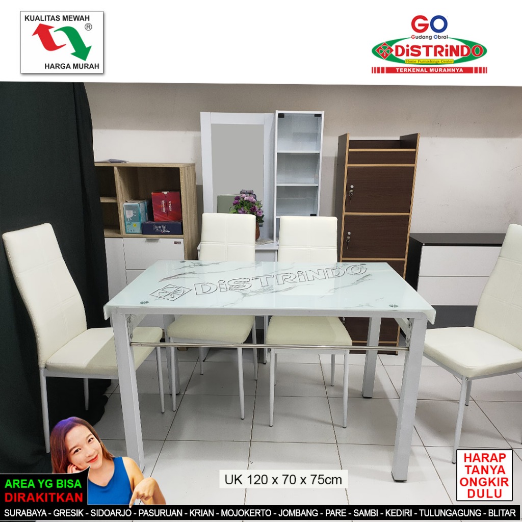 Meja Makan White dengan Kursi 4 Kaca Tempered Tebal Tahan Panas Motif Bunga Cantik