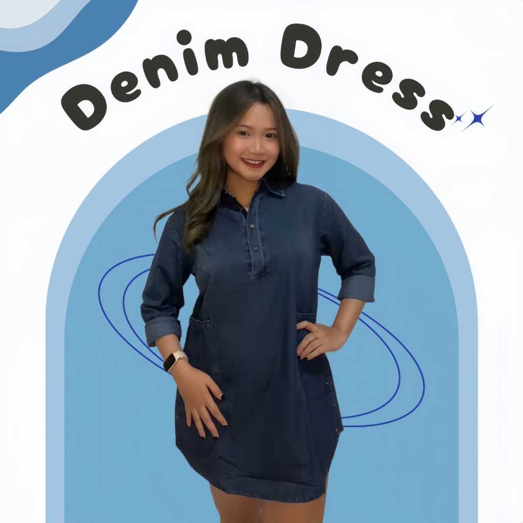 CHERON 19440 - Kemeja Denim Tunik Polos Wanita Lengan Panjang Baju Atasan Tunic Cewek Pakaian Remaja